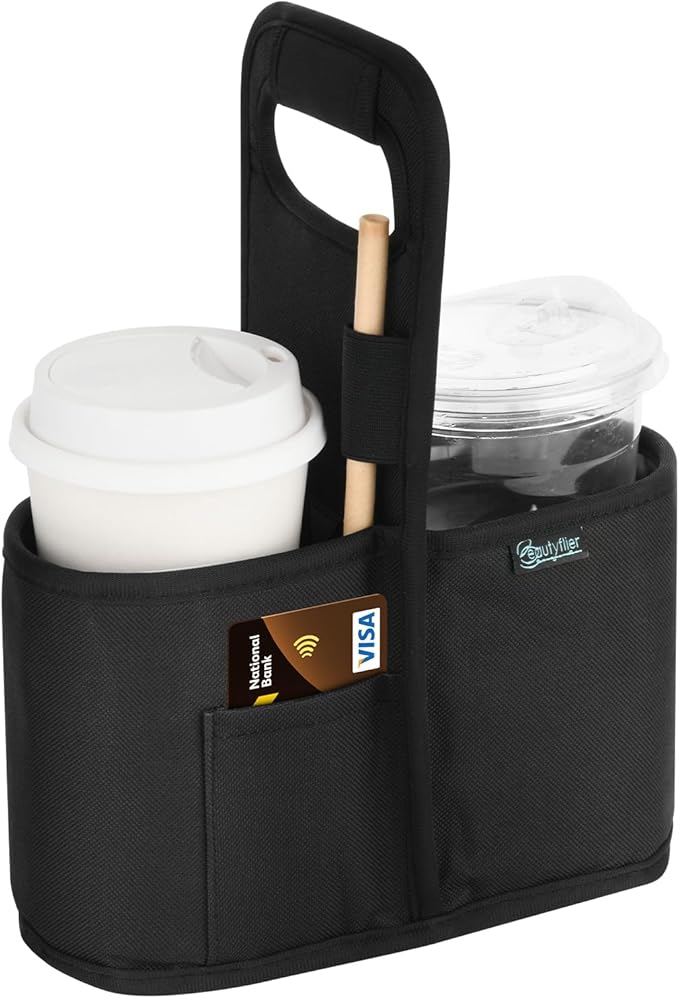 Beautyflier Drink Carrier with Handle for Delivery, Reusable Insulated Coffee Cup Carrier, Portable 2-Cup Holder with Handle Organizer Tote Bag for Hot & Cold Drinks