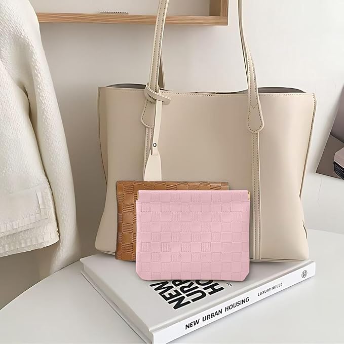 2-Pack Small Waterproof Checkered Makeup Bag - Portable Leather Travel Toiletry Bag Organizer with Snap Closure, Aesthetic Travel Storage Pouches for Women's cosmetic bag for purse (Pink&Brown)