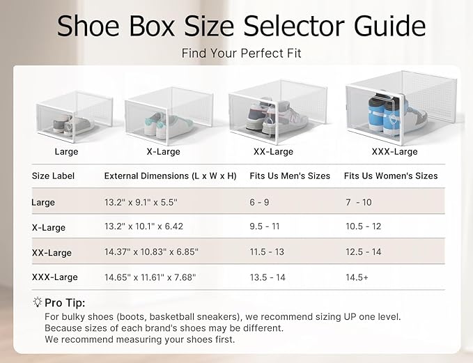 Kuject XX-Large Shoe Storage Boxes Organizers Clear Plastic Stackable 12 Pack, Shoe Rack & Holder Substitute, Sneaker Containers, Shoe Storage Organizer Bins for Closet, Under Bed, White (No Fold Line)