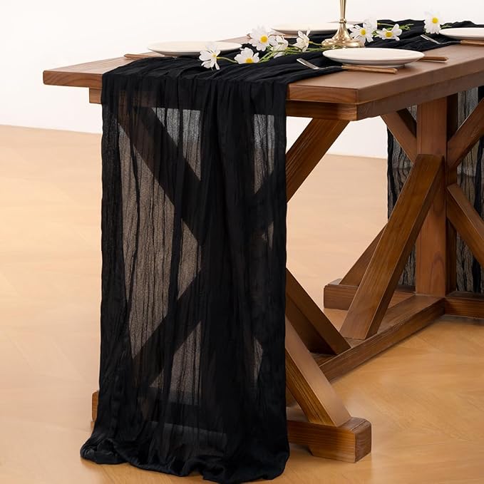 Socomi 2pcs Black Summer Cheesecloth Table Runner Boho Rustic Gauze 120 inch 10FT Cheese Cloth Sheer Runner for Wedding Party Baby Shower Birthday Home Decor Holiday Decorations