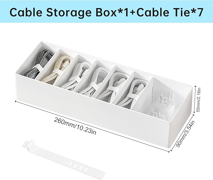 PAVSTINE White Plastic Cable Organizer Box with Adjustment Compartments, Stackable Desk Accessories Storage Case with 7 Wire Ties for Drawer Supplies, Stationery, Battery and Charger Cord Storage