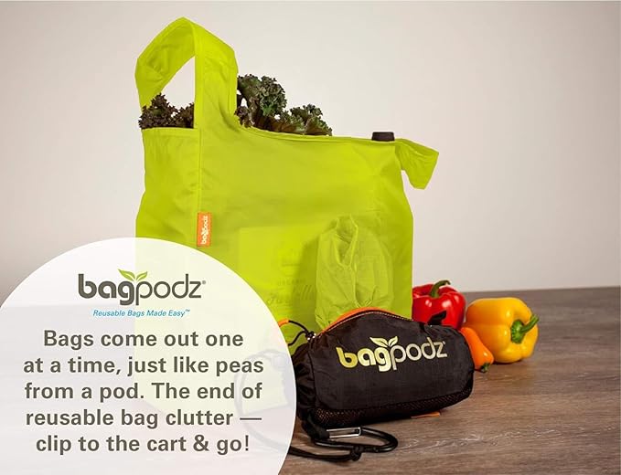 Sturdy Reusable Grocery Bags, Foldable and Washable - Made from Ripstop Nylon, Holds 50lbs - Designed in USA - Reusable Shopping Bags Inside a Compact Pod with Carry Clip - 5 Pack in Green