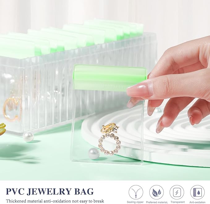 Acrylic Jewelry Box Organizer, Clear Jewelry Organizer Holder with 20 Portable Anti Tarnish Jewelry bags, Travel Jewelry Case for Earrings/Rings/Necklaces for Women Girls, Green