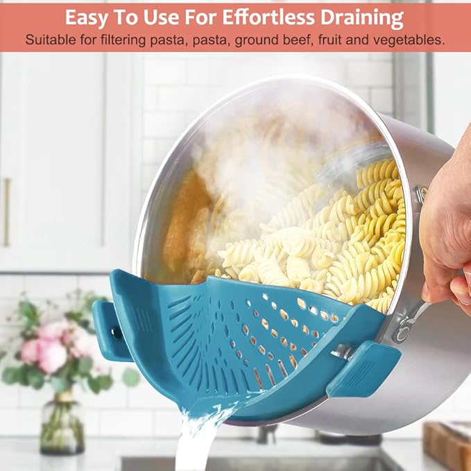 YEVIOR Clip on Strainer for Pots Pan Pasta,Silicone Food Strainer Hands-Free Pan Strainer, Clip-on Kitchen Food Strainer for Spaghetti, Pasta, Ground Beef Fits All Bowls and Pots (Teal)
