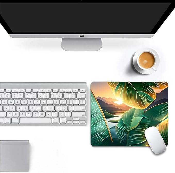 Square Mouse Pad Tropical Leaf & Mountain Sunset, Personalized Premium-Textured Custom Mouse Mat Design, Washable Mousepad Cloth, Non-Slip Rubber Base Computer Mouse Pads for Wireless Mouse