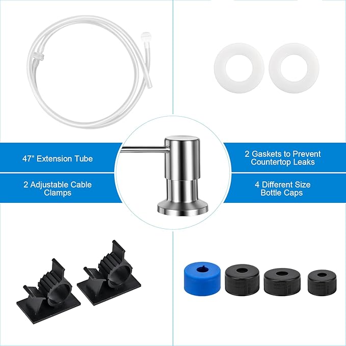 Soap Dispenser for Kitchen Sink, Upgrade Built in Sink Soap Dispenser Brushed Nickel, Countertop Sink Soap Dispenser Pump with 47" Extension Tube kit, No Need More Refills