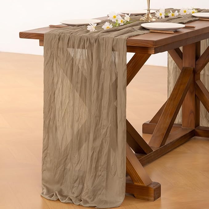 Socomi 2pcs Nude Brown Cheesecloth Table Runner Summer Boho Rustic Gauze 120 inch 10FT Cheese Cloth Sheer Runner for Wedding Party Baby Shower Birthday Home Decor Holiday Decorations