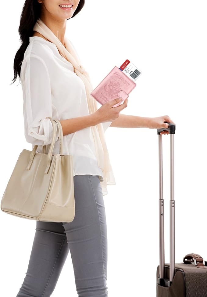 WALNEW Passport Holder for Travel, RFID Passport Cover Wallet for Women Men, PU Leather Passport Book Card Holder Case with Pen (Buckle Closure, Buckle-Rosegold)