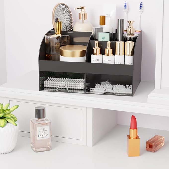 Makeup Organizer with Drawers, Cosmetic Storage for Dresser Vanity and Bathroom Countertop, Beauty Holder for Lipstick Brush, Skincare Organizer for Vanity, Cosmetic Display Case (Black)
