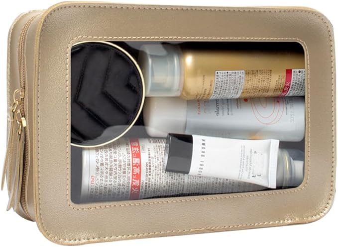 Clear Makeup Bag, Gold Travel Makeup Pouch Toiletry Bag for Women Waterproof Small Cosmetic Bag Case Small Make Up Bag with Zipper Car Organizer Car Essentials for Women Men