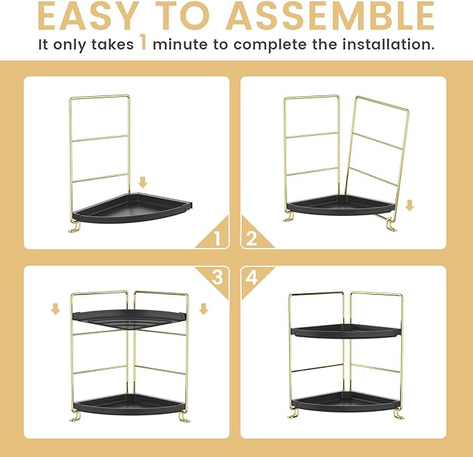 2-Tier Spice Rack Corner Storage Shelf Makeup Organizer Stackable Cosmetic Holder Standing Counter Shelf for Bathroom, Kitchen, Countertop, and Vanity (Gold + Black)