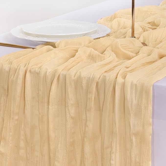 Socomi 10pcs Gold Champagne Cheesecloth Table Runner Boho Rustic Gauze 120 inch 10FT Cheese Cloth Sheer Runner for Wedding Party Baby Shower Birthday Home Decor Holiday Decorations