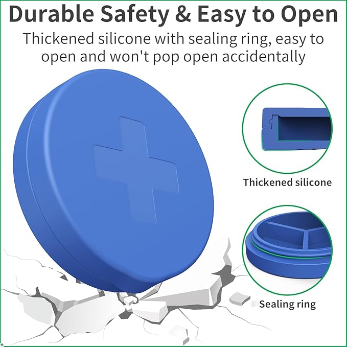 2 Pack Small Pill Box,3 Compartment Round Silicone Travel Pill Box for Purse Pocket, Waterproof Portable Compact Medicine Holder for Vitamin, Cod Liver Oil, Supplement(Purple+Blue)