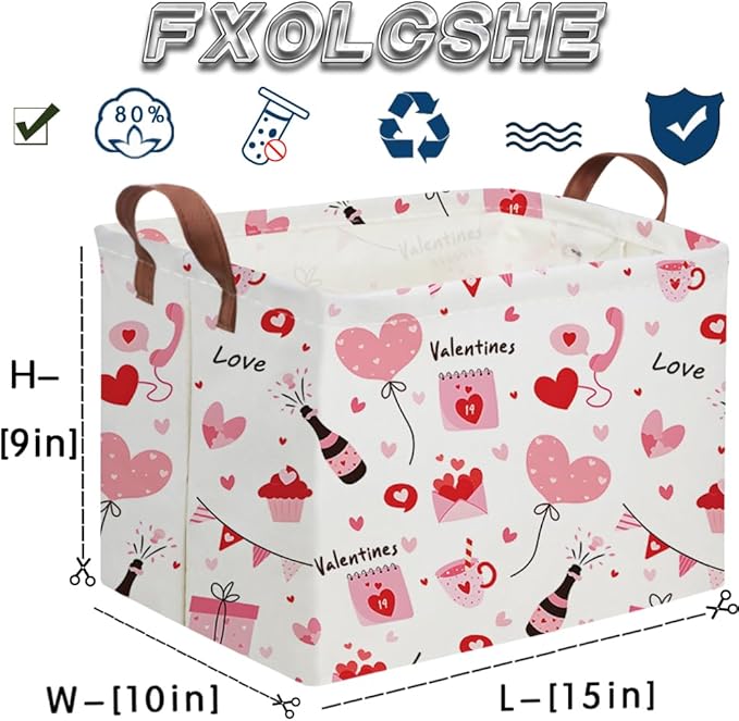 Rectangular Pink Valentine's Day Gift Basket,nursery basket,Pink girls gift baskets,kids toy storage Bin, Love Heart Room Decor for Home,Shelf Baskets(Balloon Love)