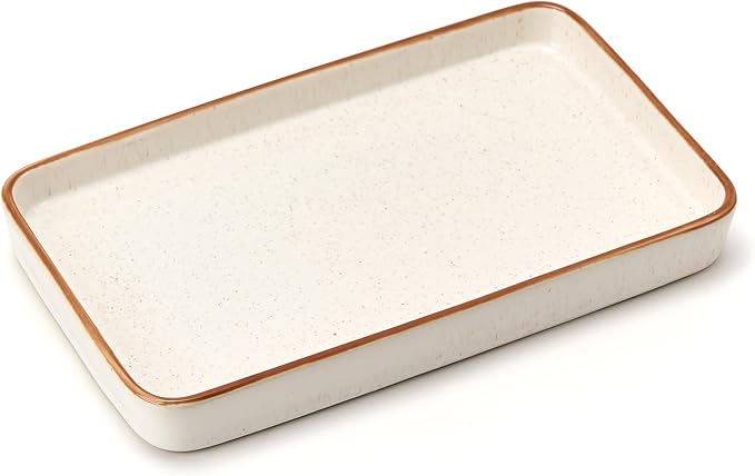 10"×6"×1" Bathroom Vanity Tray for Countertop- Ceramic Decorative Organizer Tray for Dresser Tops, Toilet, Perfume, Sponge Holder Soap Dish Dispenser for Kitchen Counter- Reactive White