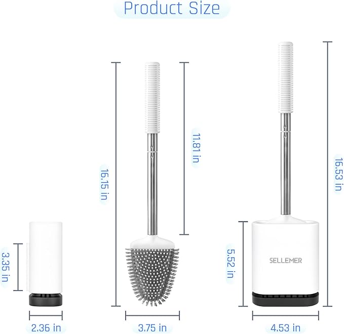 Sellemer Toilet Brush and Holder Set for Bathroom, Flexible Toilet Bowl Brush Head with Silicone Bristles, Compact Size for Storage and Organization, Ventilation Slots Base (2 Pack, White)
