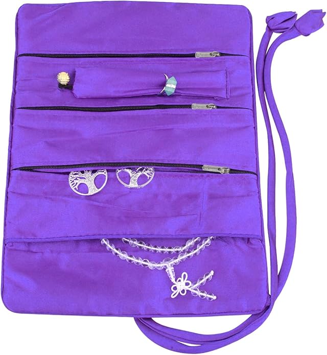 TUMBEELLUWA Embroidery Travel Jewelry Bag Roll Embroidered Flower and Bird Brocade Organizer with Tie Close