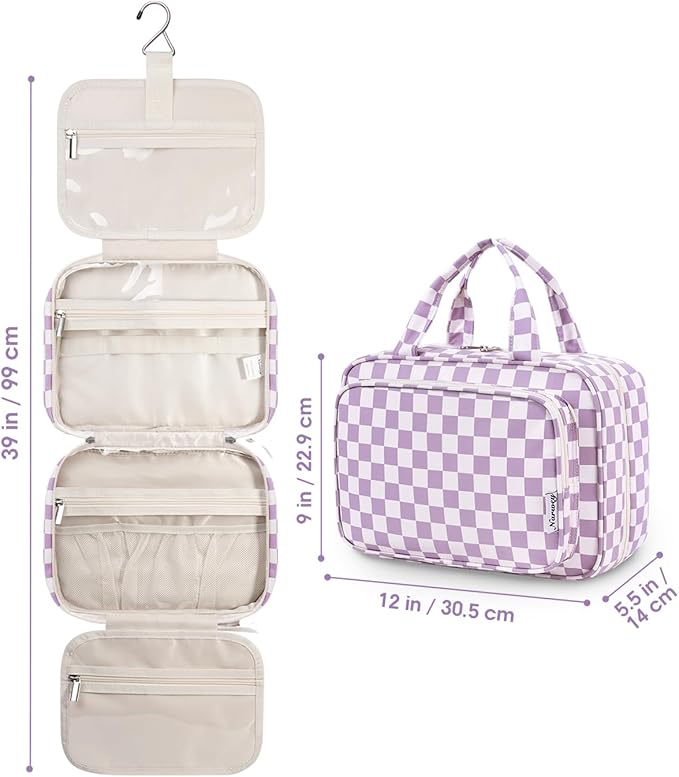 Narwey Travel Toiletry Bag for Women, Large Hanging Makeup Bag Organizer, Toiletries Bag for Full-Size Essentials, Accessories, Cosmetics (Purple Checkerboard (Large))