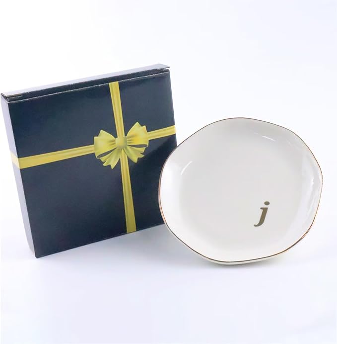 Ceramic Jewelry Dish with Personalized Monogram, White Decorative Ring Trinket Tray, Engagement Wedding Gift for Women Mom Friend, Letter c