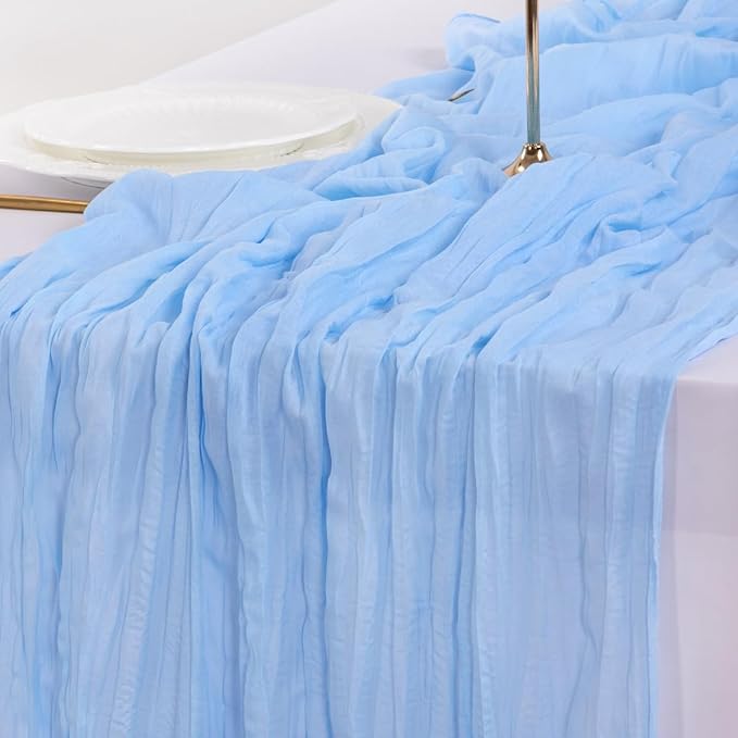 Socomi 10pcs Blue Summer Cheesecloth Table Runner Light Blue Boho Rustic Gauze 120 inch 10FT Cheese Cloth Sheer Runner for Wedding Party Baby Shower Birthday Home Decor Holiday Decorations