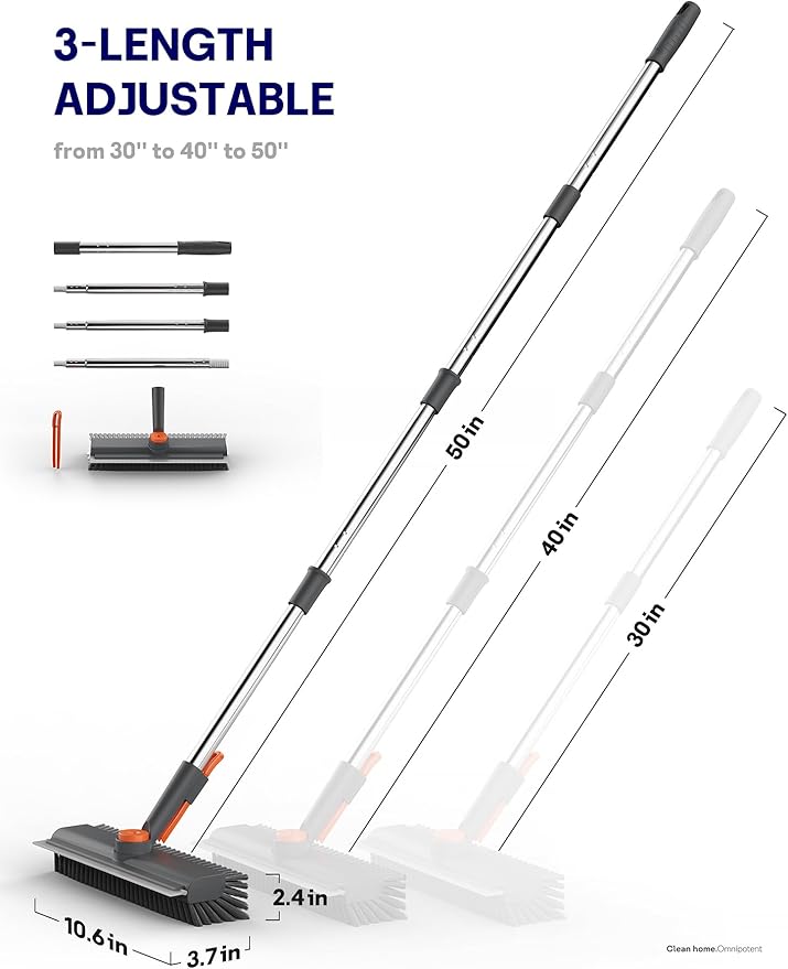 HelpX Floor Scrub Brush with Long Handle, 3 in 1 Multi-angle Swivel Right Angled Bristle Floor Scrubber Brush with Squeegee and Tweezer for Cleaning Tile Wall Deck Bathroom Patio Garage Kitchen (Grey)