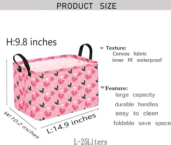 KUNRO Rectang Heart Valentine's Storage Basket Gift Shelf Basket Storage Bin, Nursery Basket Organizer Box for With Handles for Room Deco