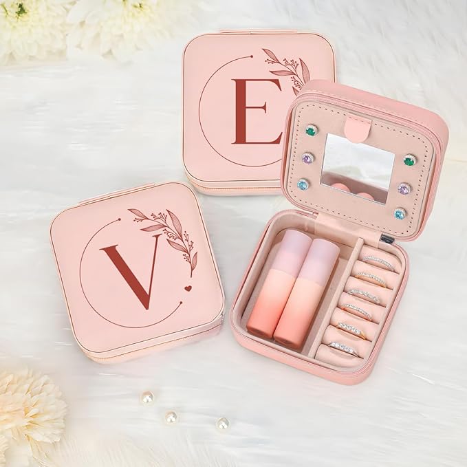 SANDJEST Personalized Jewelry Box, Pink Small Travel Jewelry Box with Initial V, Monogrammed Jewelry Case Organizer for Girls Women Teen, Mini Travel Essentials Gifts for Christmas Birthday
