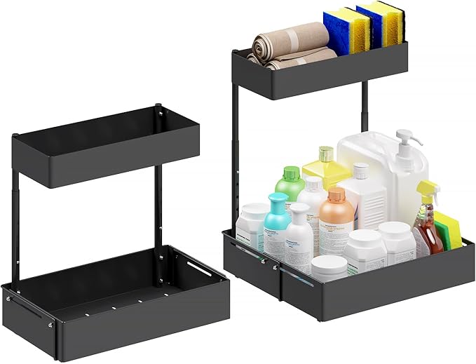 2 Packs Under Sink Organizer with Adjustable Height and Width, Under Cabinet Organizer to Tidy, Sturdy Metal Design for Kitchen and Bathroom