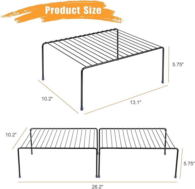 Kitchen Cabinet Storage Shelf Rack/Plastic Feet - (13.1 x 10.2 Inch) - Steel Metal - Rust Resistant Finish - Cups, Dishes, Cabinet & Pantry Organization (6, Black)