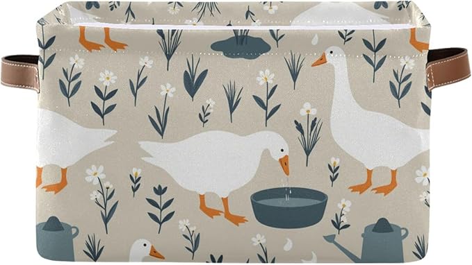 Aslsiy Storage Basket Cute Goose Nursery Bins Doodle Flowers Baby Box Canvas Clothes Shelf Basket Laundry Hamper Gift Basket for Home Closet 2 Pcs