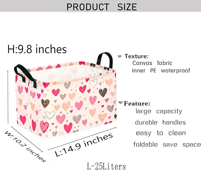 KUNRO Rectang Heart Valentine's Storage Basket Gift Shelf Basket Storage Bin, Nursery Basket Organizer Box for With Handles for Room Deco