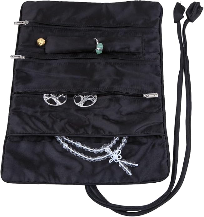 TUMBEELLUWA Embroidery Travel Jewelry Bag Roll Embroidered Flower and Bird Brocade Organizer with Tie Close