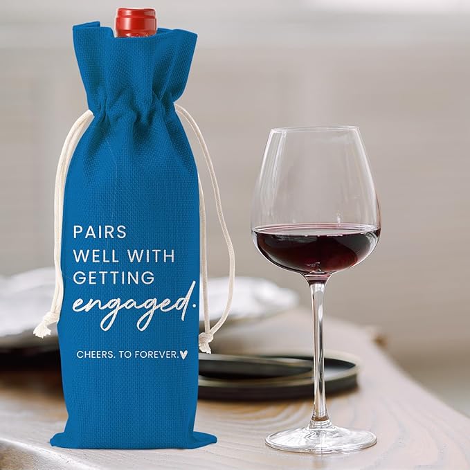 Engaged Gifts, Engagement Gifts for Couples Her, Engagement Party Decorations Gifts for Engaged Couple Wine Bag, Pairs Well with Getting Engaged Wine Bottle Bag(Blue)