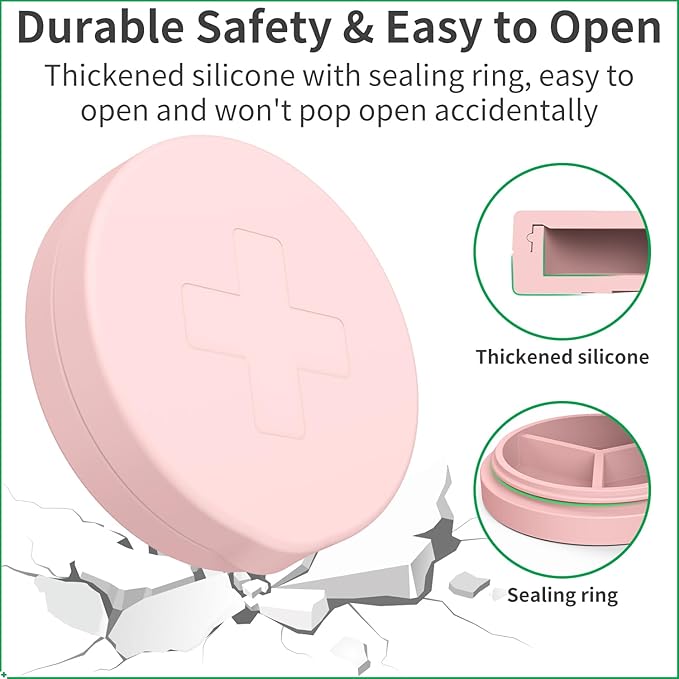 2 Pack Small Pill Box,3 Compartment Round Silicone Travel Pill Box for Purse Pocket, Waterproof Portable Compact Medicine Holder for Vitamin, Cod Liver Oil, Supplement (Red+Pink)