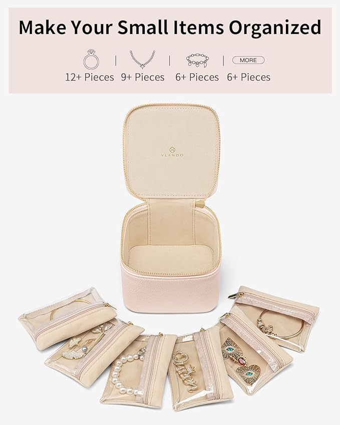 Vlando Gifts for Teachers, Jewelry Box with 6 Velvet Jewelry Bags, Travel Jewelry Storage for Women Girls, Jewelry Organizer for Necklaces Rings Earrings, Bags Gifts for Women (Pink)