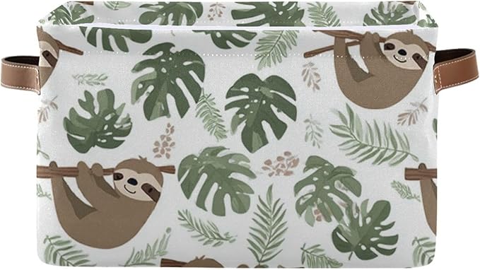 Aslsiy Storage Basket Sloth Tropical Leaves Nursery Bins Baby Box Canvas Clothes Shelf Basket Laundry Hamper Gift Baskets for Home Closet 2 Pcs