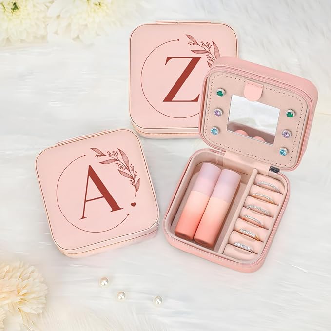 SANDJEST Personalized Jewelry Box, Pink Small Travel Jewelry Box with Initial A, Monogrammed Jewelry Case Organizer for Girls Women Teen, Mini Travel Essentials Gifts for Christmas Birthday