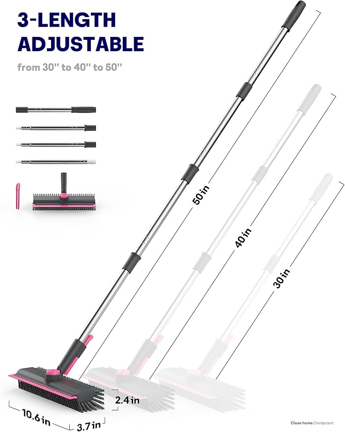 HelpX Floor Scrub Brush with Long Handle, 3-in-1 Multi-angle Swivel Right-Angled Bristle Floor Scrubber Brush with Squeegee and Tweezer for Tile Wall Deck Bathroom Patio Garage Kitchen (Pink and Grey)
