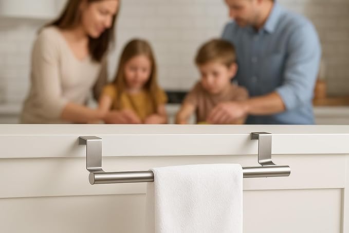 Over Cabinet Towel Bar with Hooks, 14 Inch Brushed Stainless Steel Over The Door Towels Rack for Home Bathroom Kitchen, Hang on Inside and Outside Cabinets or Doors, Holds Hand Dish Towels Washcloths