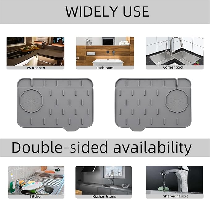 2-Pack Bytelive Silicone Sink Mat, Mini Sink Splash Guard and Soap Sponge Holder for Kitchen Countertop Protect with Self Draining Design (8.3" x 5.7", 2-Pack Gray)