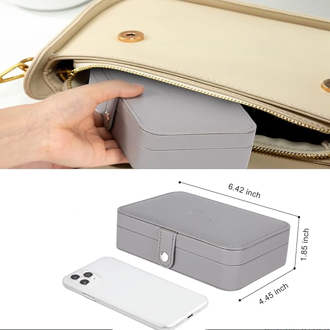 Voova Small Jewelry Organizer Box, Travel Jewelry Case for Women Teen Girls, Mini PU Leather Portable Jewellery Storage Boxes Holder with Smart Earrings Plate for Necklaces Rings Bracelets, Grey
