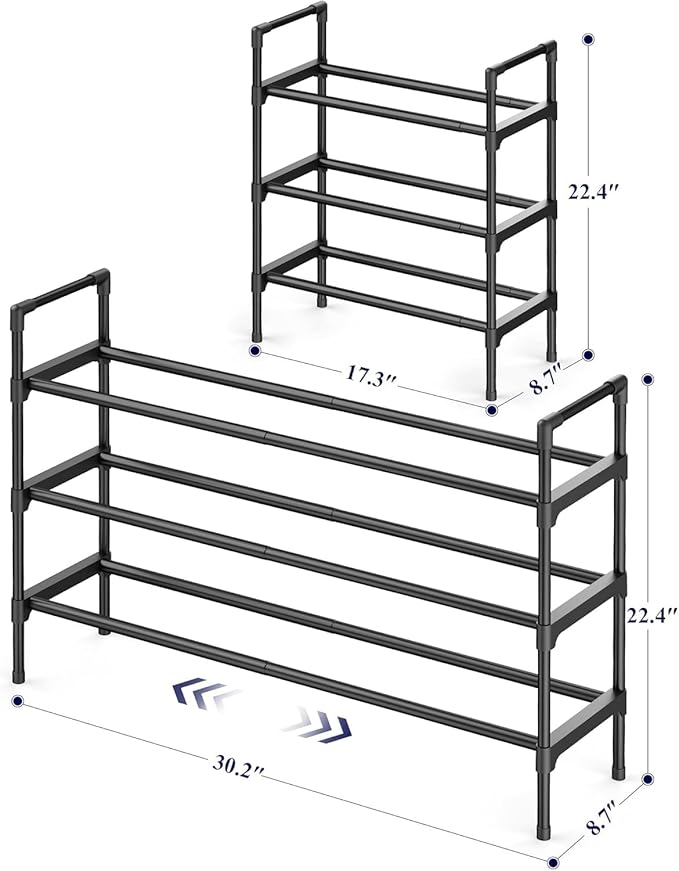 Kitsure Shoe Rack for Closet - Expandable Shoe Rack for Entrance, Rustproof Shoe Organizer for Entryway with Portable Handles, Black, 17.3″~30.2″L x 22.4″H