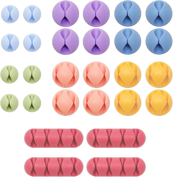 Wrap-It Storage Cable Clips - (Assorted 28-Pack) Macaron - Desk and Nightstand Cable Holder for Phone and Bedside Table Cord Organizer