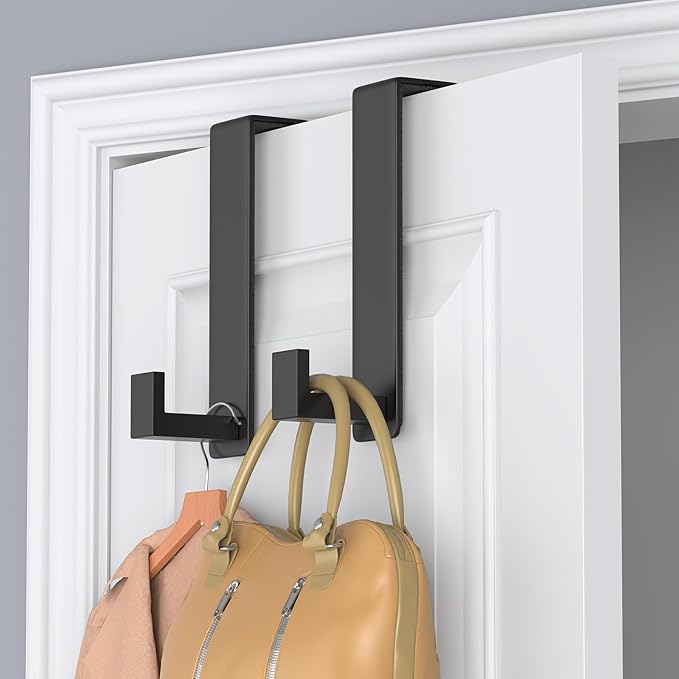 HUFEEOH Over The Door Hooks 2-Pack, Heavy Stainless Steel Coat & Towel Rack, No Drilling Scratch-Free Over Door Hanger Dorm Essentials Bathroom Accessories, Fits 1-3/4" Doors (Black) (L Shape)