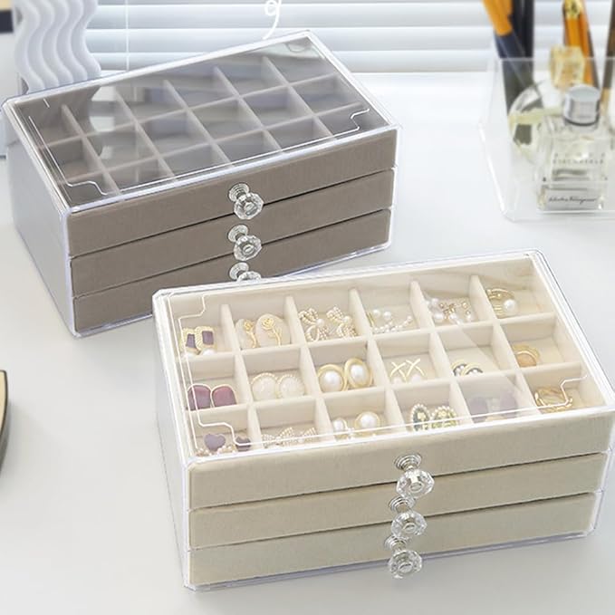 SPAKOWN Earring Box Holder Organizer Display Case, Clear Velvet Jewelry Storage Tray Organizer for Earring Ring Stud (Beige - 3 Drawers)