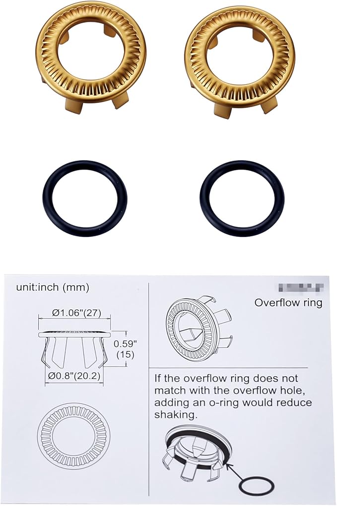 2 Pack Sink Overflow Ring, WOWOW Bathroom Kitchen Sink Basin Trim Copper Overflow Cover Hole Insert Cap, Vanity Sink Trim Rings (Brushed Gold)