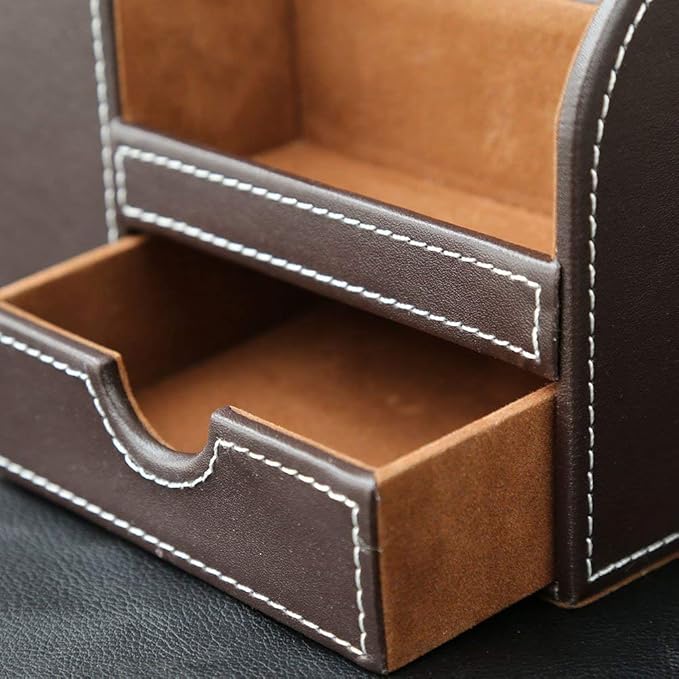 KINGFOM Desk Organizer Office Supplies Caddy Pu Leather Multi-function Storage Box Pen/Pencil,Cell phone, Business Name Cards Remote Control Holder with Small Drawer Brown