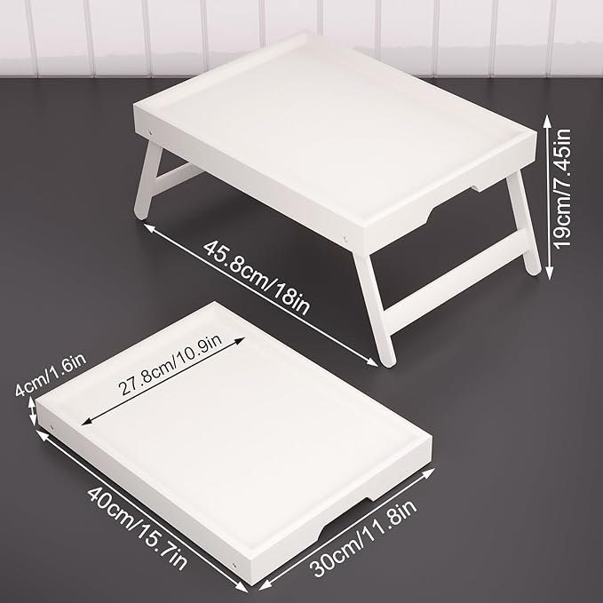 Fibogollo 2 Pack Bamboo Bed Tray Table with Folding Legs,Breakfast Trays,Serving Tray for Food and Snack,Laptop Trays for Working(White)