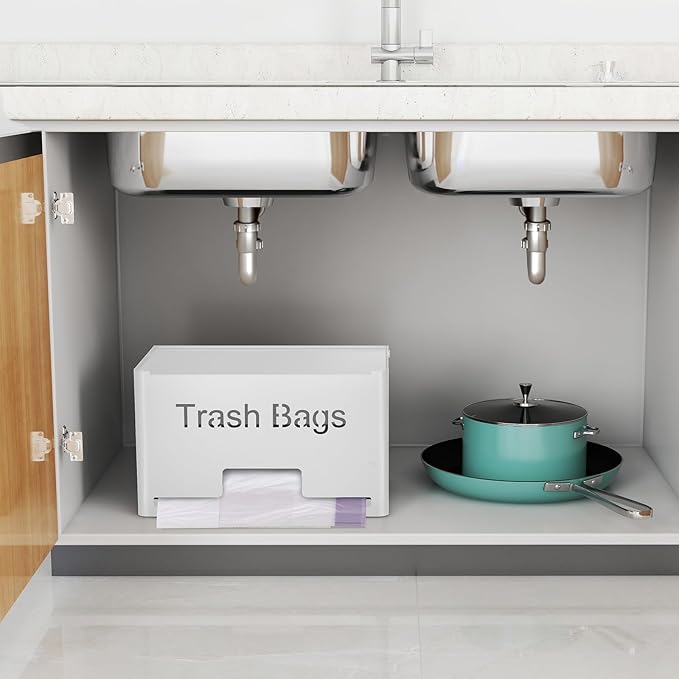 Extra Large Trash Bag Holder Dispenser, Metal Garbage Bag Dispenser Roll Holder, Trash Storage Organizer for Kitchen Laundry Room Under Sink, Wall Mounted or Freestanding, White