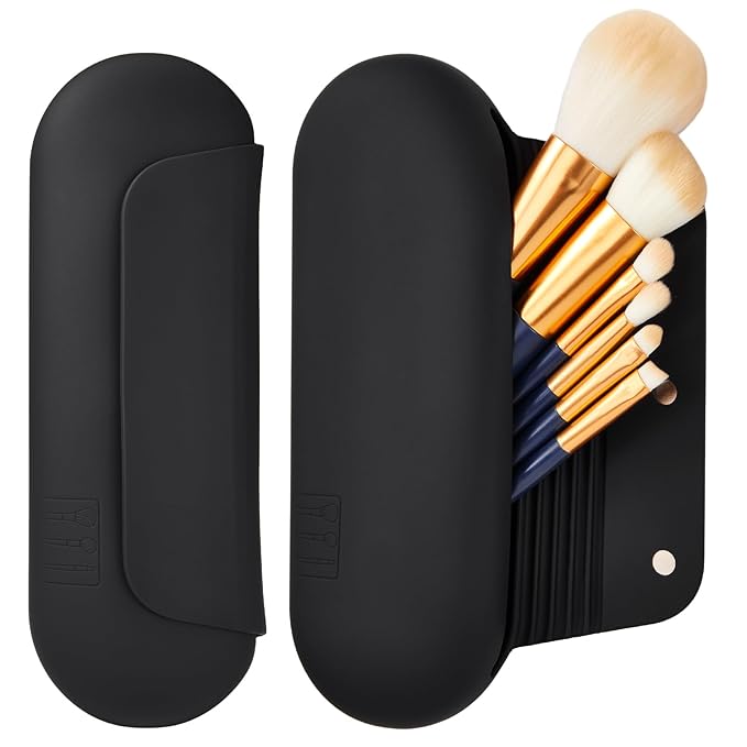 AGIKET Silicone Makeup Brush Holder Travel Cosmetic Bag: Soft Portable Cosmetic Face Brushes Holder with Upgraded Anti-Fall Out Magnetic Closure, Large Travel Makeup Brush Case - Black